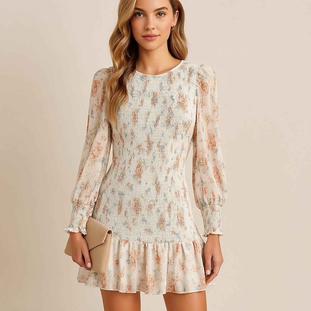 Storia Floral Smocked Mini Dress Womens Small Cottagecore Long Sleeve NWT
